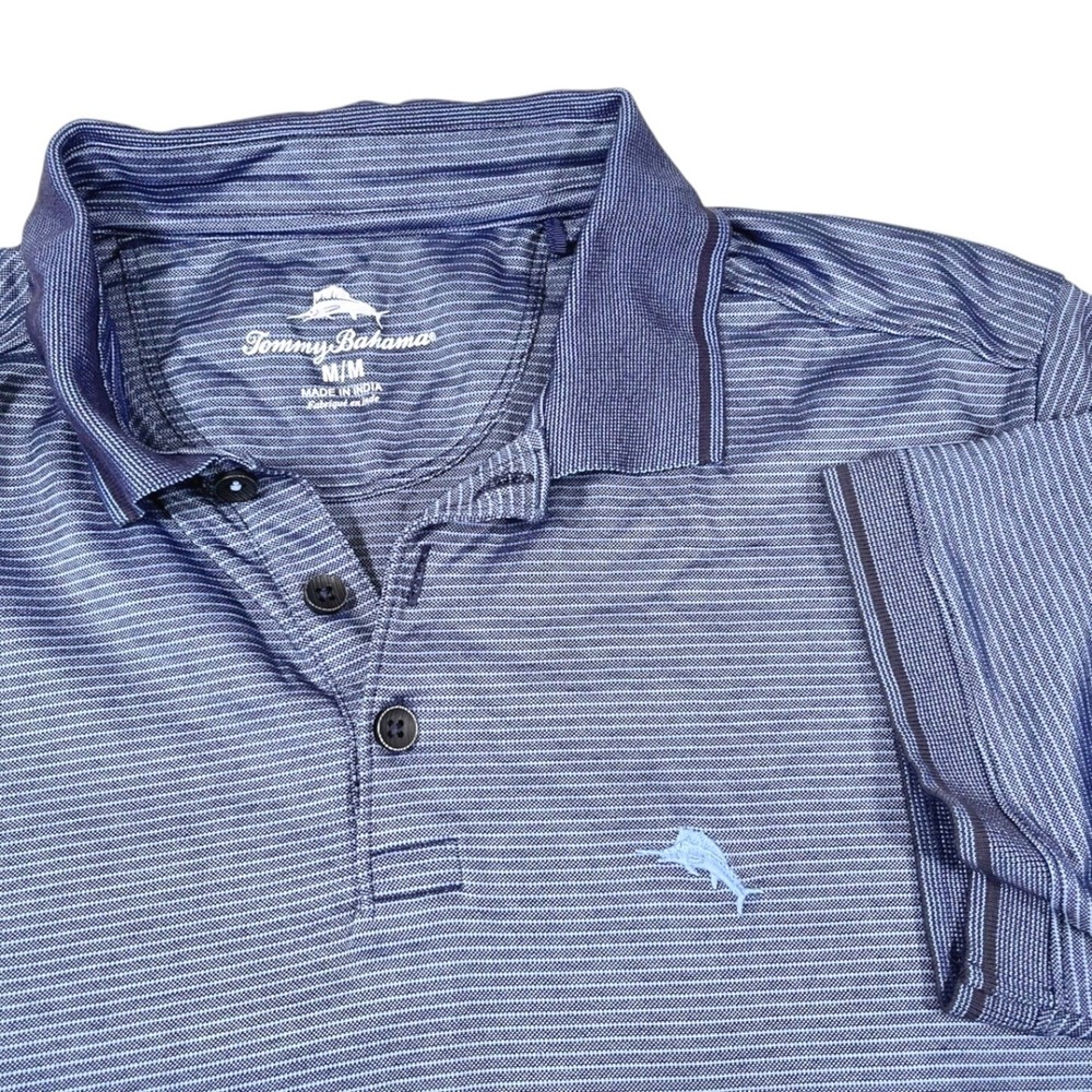 Tommy Bahama Medium Blue Striped Polo Shirt Short Sleeve Coastal Resortwear